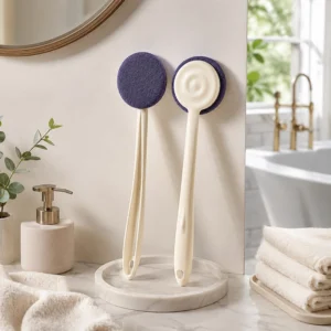 Soft bath brushes displayed in bathroom storage setting