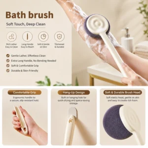 Soft bath brush with long handle for deep clean shower use