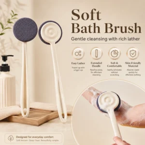Soft bath brush with long handle and skin-friendly material