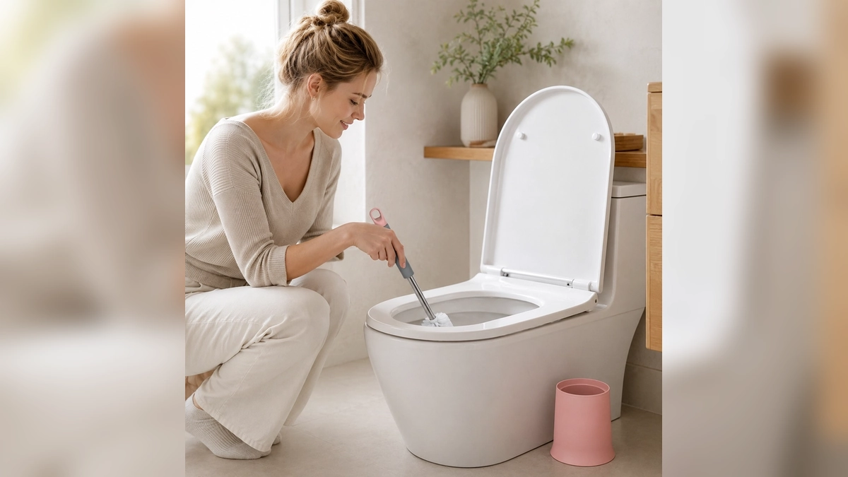 Soft handle freestanding toilet brush used for deep bathroom cleaning