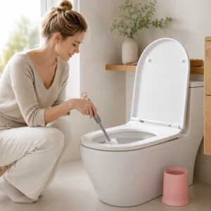 Woman cleaning toilet bowl with soft handle toilet brush