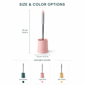 Soft handle toilet brush size guide with pink, green, and yellow color options