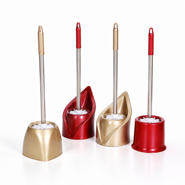 Stainless steel toilet brush holder options in red and champagne gold