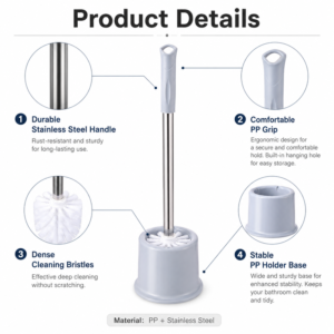 Stainless steel toilet brush product details with holder and bristles