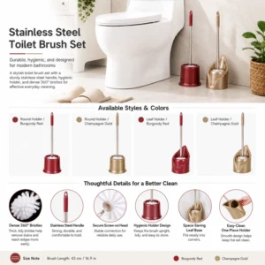 Stainless steel toilet brush set with red and champagne gold holder options