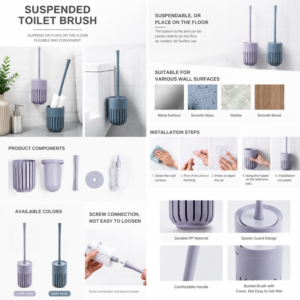 Suspended toilet brush installation steps and product components