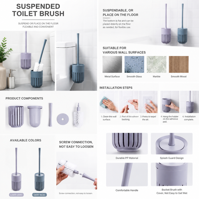 Ventilated PP toilet brush holder set with installation components