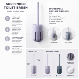 Suspended toilet brush with wall mounted and floor standing options