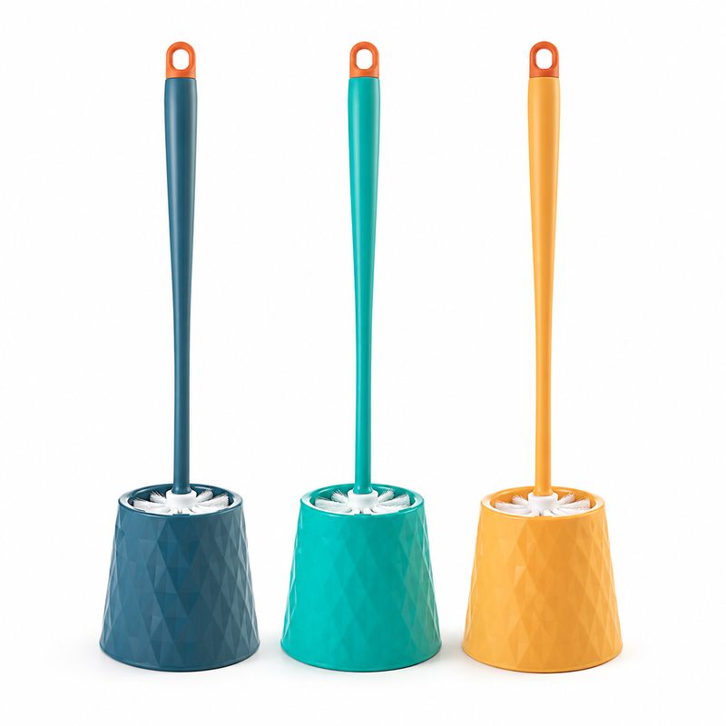 Three color toilet brush holder set in blue green and yellow
