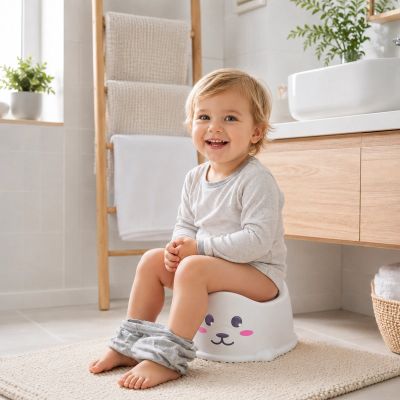 Toddler using a cute cartoon potty chair in bathroom