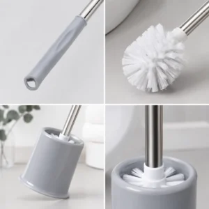 Toilet brush detail closeups showing stainless steel handle and brush head