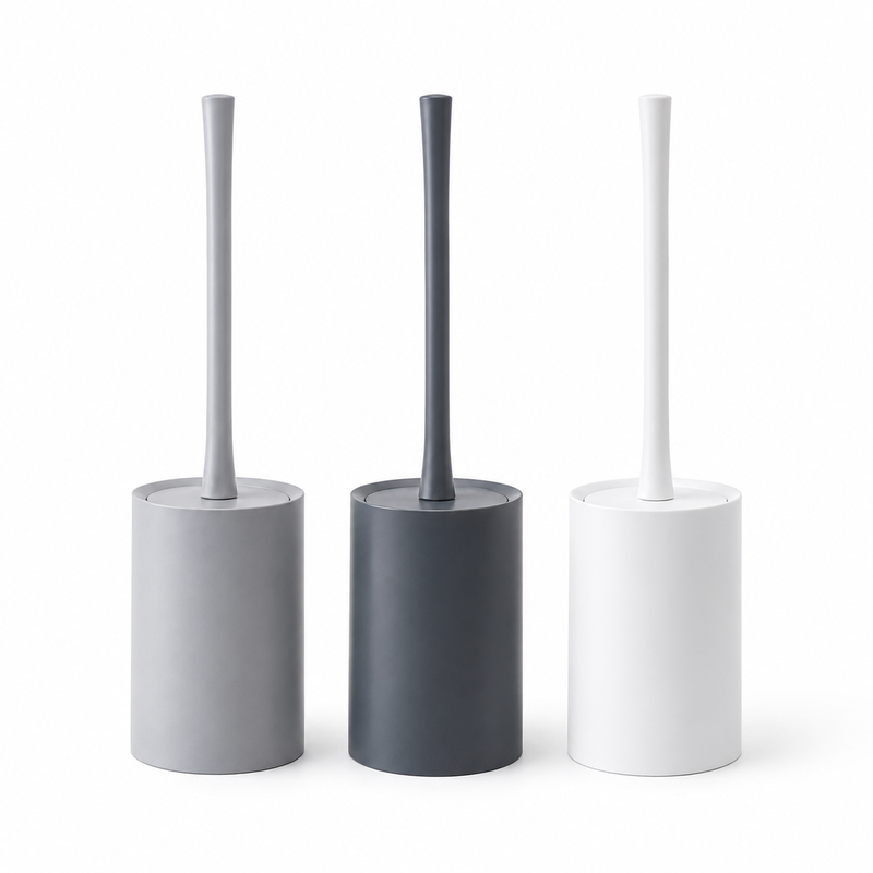 Toilet brush holder color options in gray, dark gray, and white