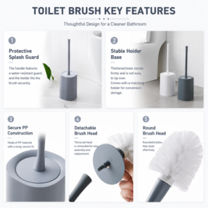 Toilet brush key features with splash guard and stable holder