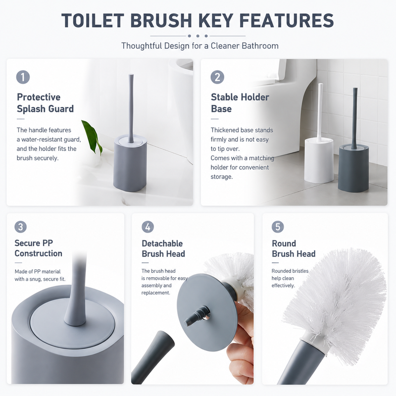 Long handle toilet brush details showing splash guard, stable holder, PP construction, and detachable brush head