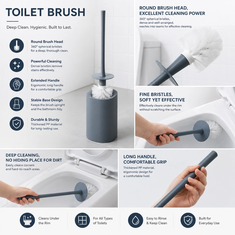 Long-handle toilet brush with dense round brush head and cylindrical holder