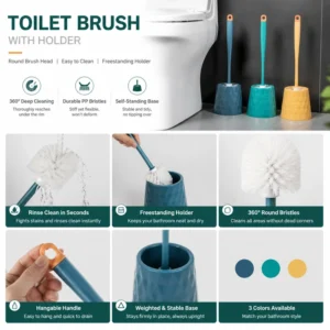 Toilet brush with holder features and round bristles