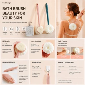 Two in one bath brush with bristle side and bath pouf side