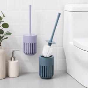 Wall mounted toilet brush holder in light gray and gray blue