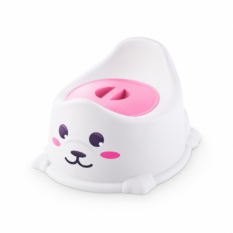 White cartoon potty chair with pink lid for toddlers