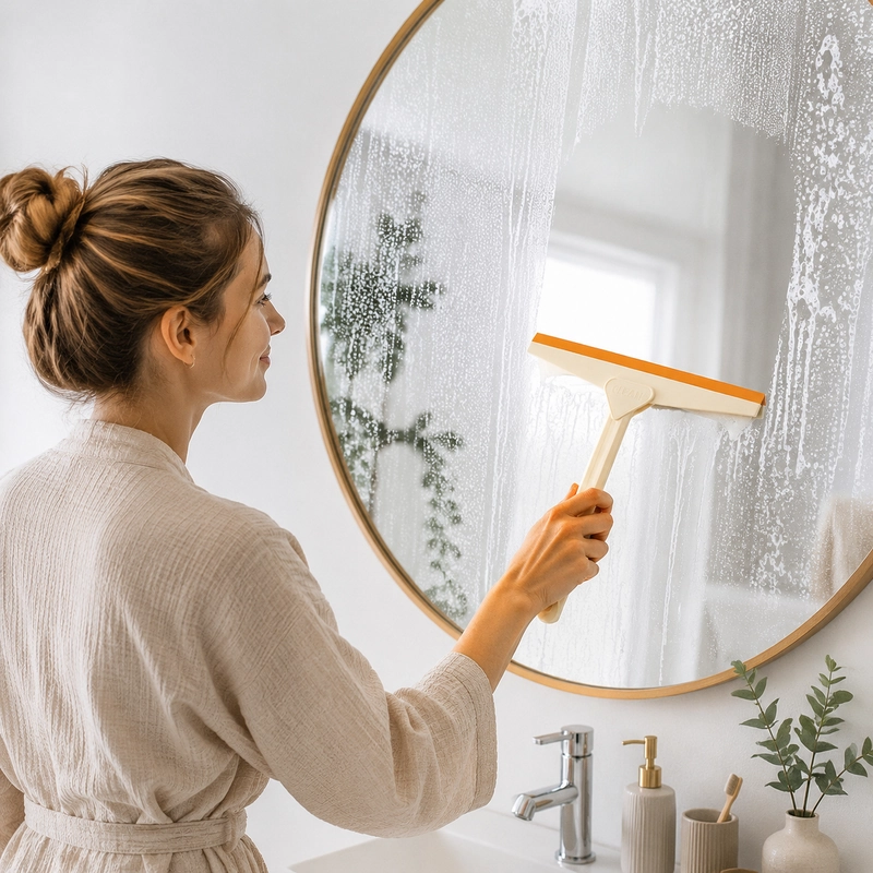 Woman cleaning bathroom mirror with window squeegee