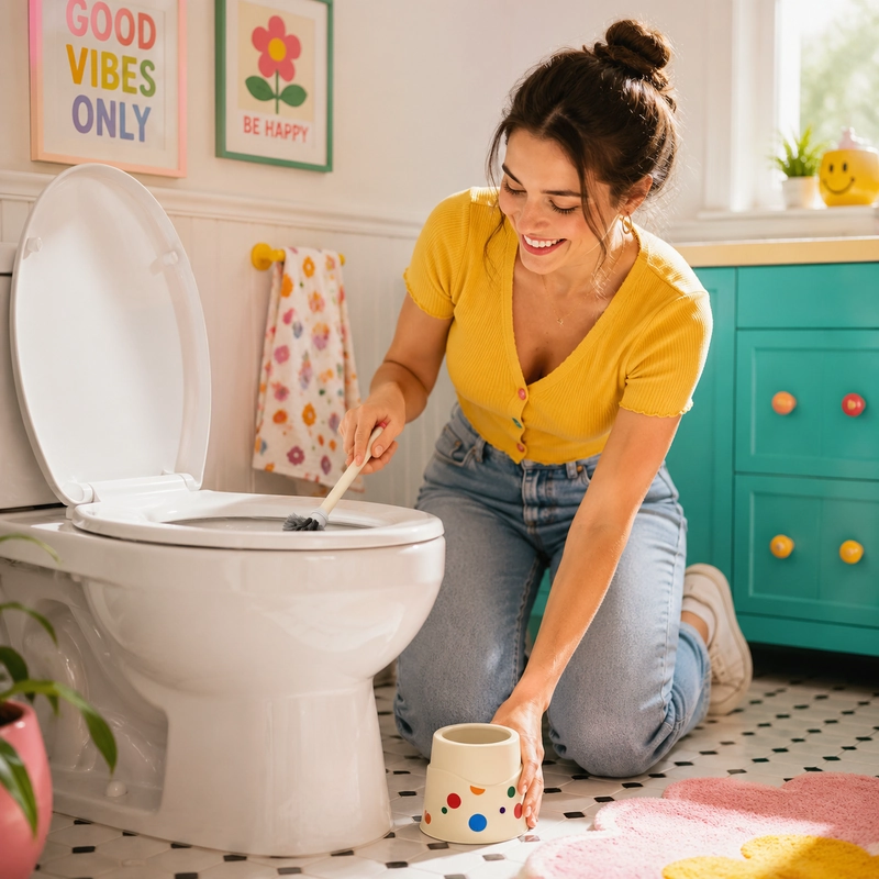 Woman cleaning toilet with dopamine toilet brush in colorful bathroom