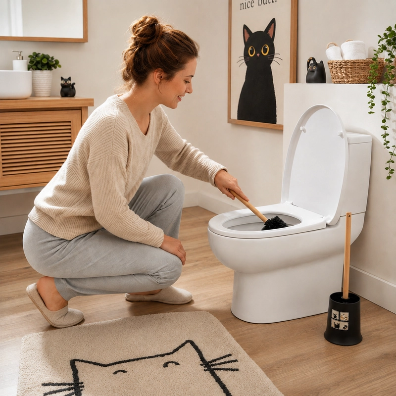 Woman cleaning toilet with retro cat toilet brush