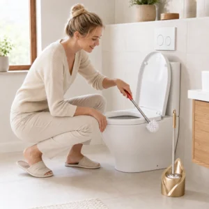 Woman cleaning toilet with stainless steel toilet brush