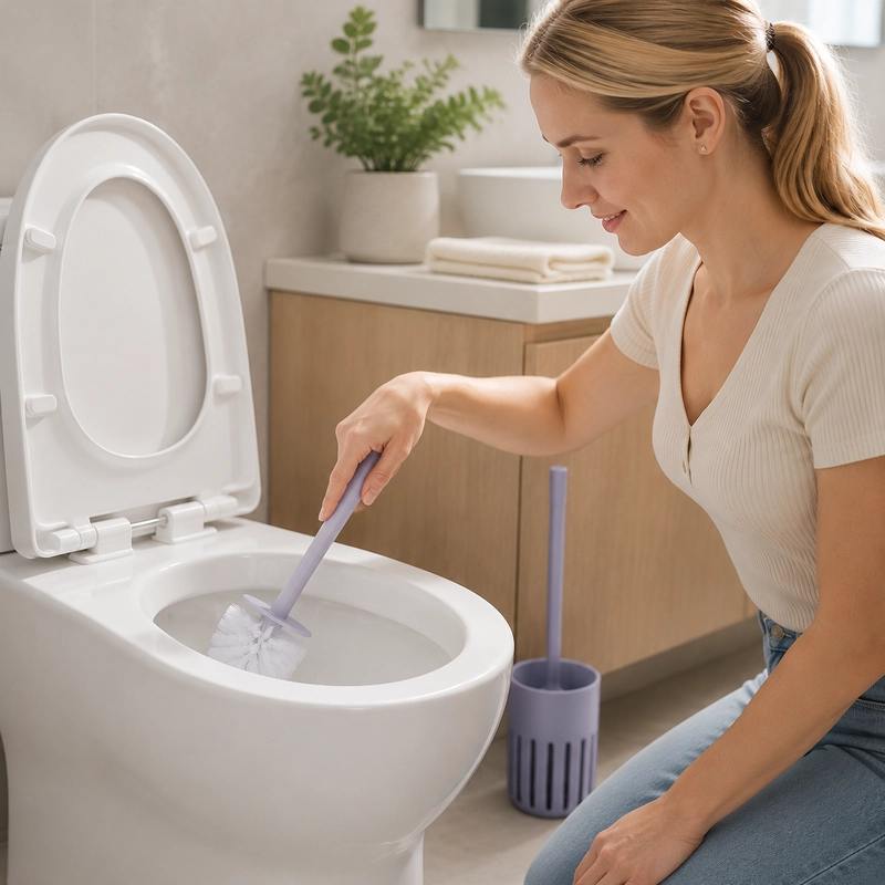 Woman cleaning toilet with suspended toilet brush
