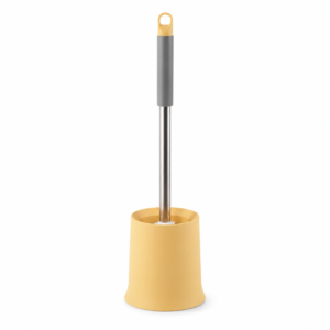Yellow freestanding toilet brush with soft handle and holder on white background