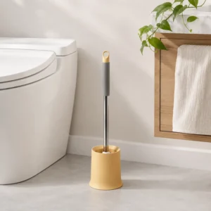 Yellow soft handle toilet brush with freestanding bathroom holder beside toilet