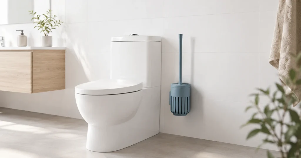 Ventilated toilet brush holder mounted beside a toilet for B2B bathroom product sourcing