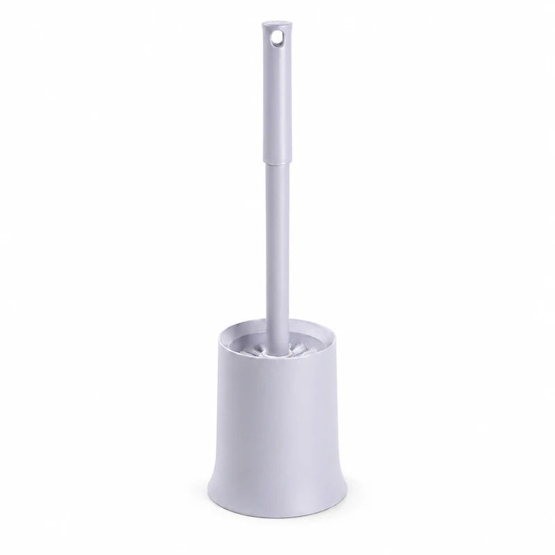 Minimalist toilet brush with holder in light ash on white background