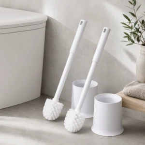Minimalist white toilet brush with matching holder set