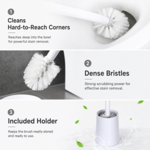 Toilet brush with dense bristles and included holder features