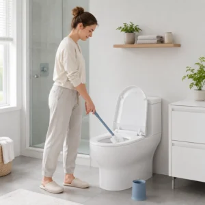 Woman cleaning toilet with blue gray toilet brush